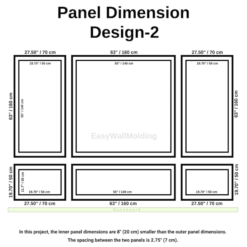 Wall Molding Package Ready to Assemble, Pre-Cut Factory Primed, Wall Paneling Kit - Nested Rectangle Wainscoting Panels, Wall Moulding Kit Design-2