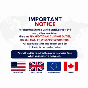 Puede incluir: Un gr&aacute;fico informativo blanco con texto en azul oscuro y rojo que dice IMPORTANT NOTICE. Explica que los env&iacute;os a Estados Unidos, Europa y otros pa&iacute;ses no tienen aranceles aduaneros adicionales ni cargos ocultos. Incluye banderas de EE. UU., Reino Unido, UE y Canad&aacute;.
