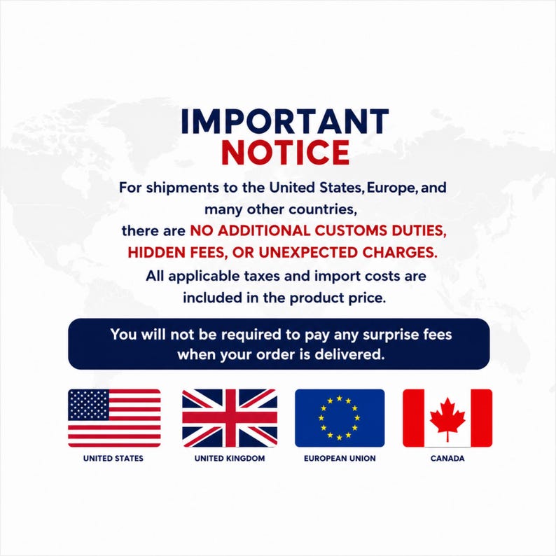 Puede incluir: Un gr&aacute;fico informativo blanco con texto en azul oscuro y rojo que dice IMPORTANT NOTICE. Explica que los env&iacute;os a Estados Unidos, Europa y otros pa&iacute;ses no tienen aranceles aduaneros adicionales ni cargos ocultos. Incluye banderas de EE. UU., Reino Unido, UE y Canad&aacute;.