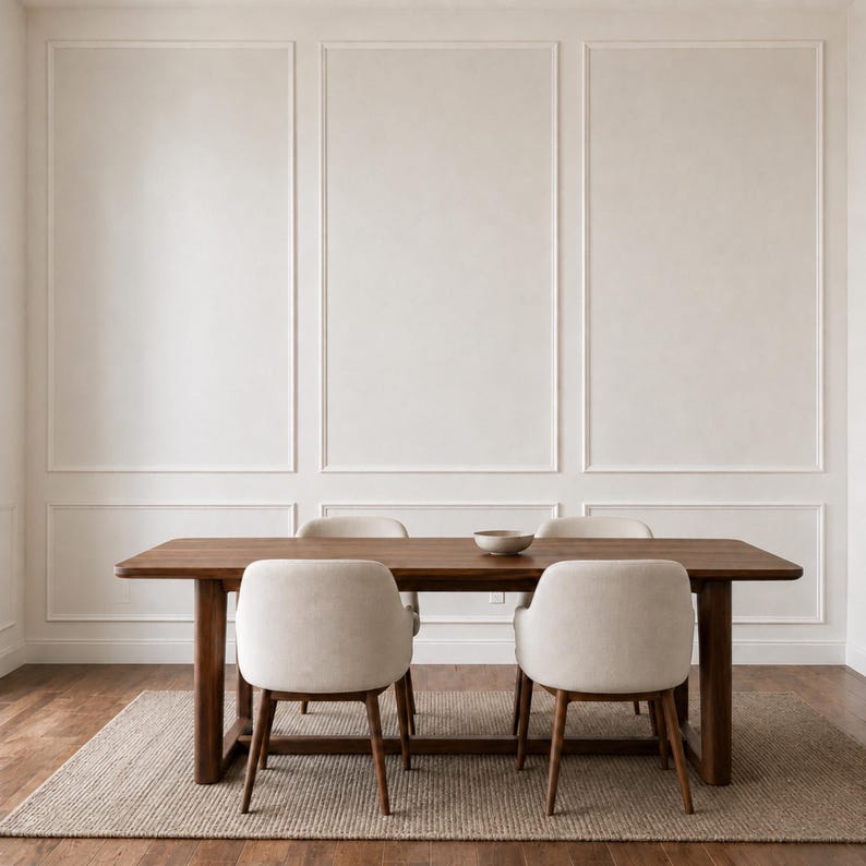 May include: A rectangular wooden dining table with four legs and a smooth surface, accompanied by two light beige upholstered chairs with wooden legs, positioned on a textured rug in front of a wall with white rectangular molding panels.