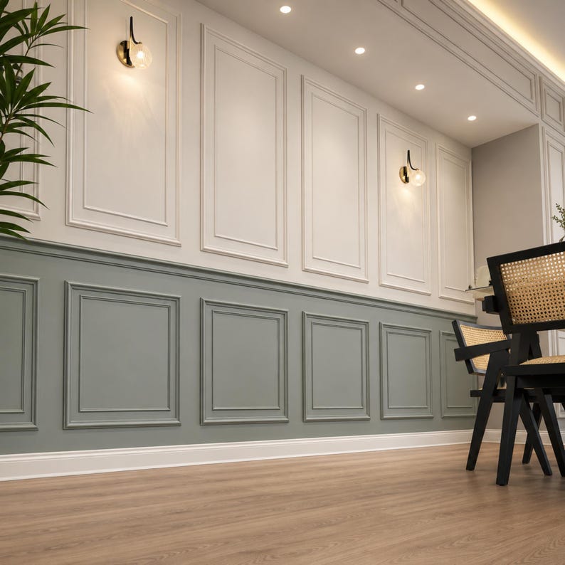 May include: A wall featuring two-tone wainscoting with a sage green lower section and an off-white upper section, both adorned with rectangular molding panels. Two black wall sconces with spherical glass shades are mounted on the upper wall.