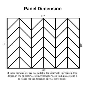 May include: A black and white geometric panel design with dimensions of 144 inches by 102 inches. The panel features a chevron pattern. Text at the bottom states, "if these dimensions are not suitable for your wall, I prepare a free design..."