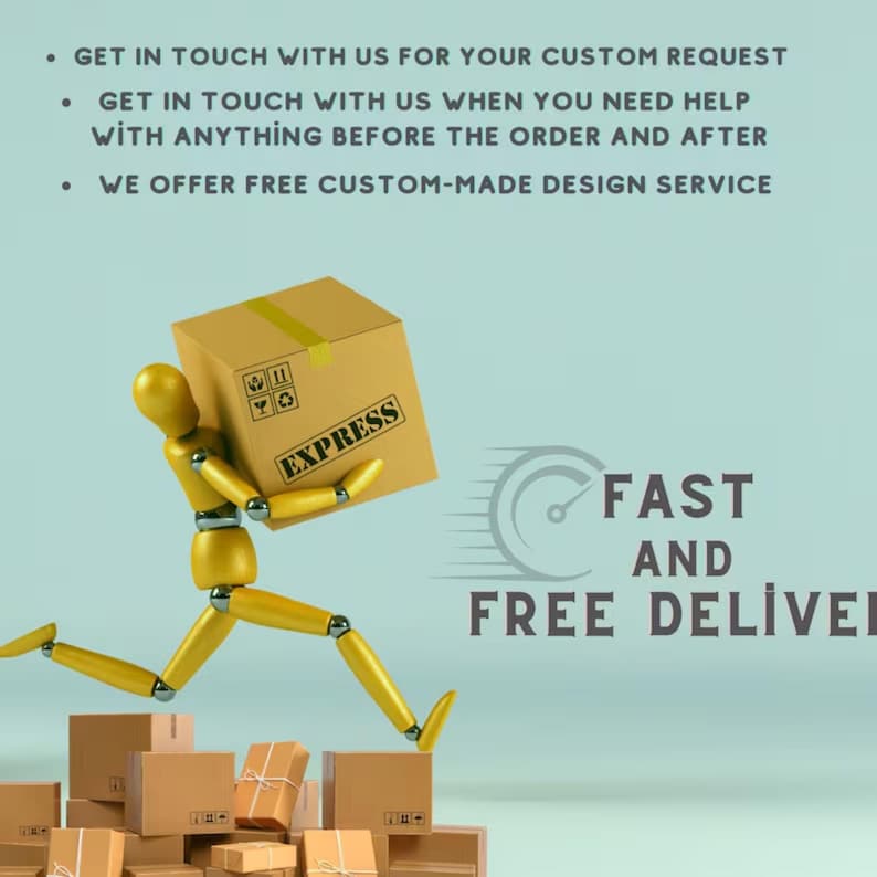 Puede incluir: Un maniqu&iacute; articulado amarillo corre mientras sostiene una caja de cart&oacute;n marr&oacute;n etiquetada como EXPRESS. Debajo hay cajas marrones apiladas. El texto dice: GET IN TOUCH WITH US FOR YOUR CUSTOM REQUEST, GET IN TOUCH WITH US WHEN YOU NEED HELP WITH ANYTHING BEFORE THE ORDER AND AFTER, WE OFFER FREE CUSTOM-MADE DESIGN SERVICE, FAST AND FREE DELIVERY.