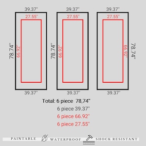 Pu&ograve; includere: Diagramma che mostra le dimensioni di sei pannelli rettangolari, ognuno dei quali misura 78,74 pollici per 66,92 pollici, con un rettangolo interno pi&ugrave; piccolo che misura 27,55 pollici per 39,37 pollici. Il testo "Totale: 6 pezzi 78,74" &egrave; sotto il diagramma, seguito da "6 pezzi 39,37", "6 pezzi 66,92" e "6 pezzi 27,55". Le parole "PAINTABLE", "WATERPROOF" e "SHOCK RESISTANT" sono nella parte inferiore del diagramma.