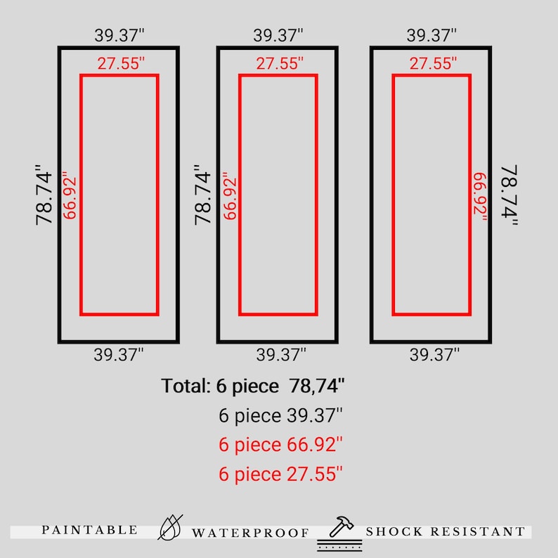 Pu&ograve; includere: Diagramma che mostra le dimensioni di sei pannelli rettangolari, ognuno dei quali misura 78,74 pollici per 66,92 pollici, con un rettangolo interno pi&ugrave; piccolo che misura 27,55 pollici per 39,37 pollici. Il testo "Totale: 6 pezzi 78,74" &egrave; sotto il diagramma, seguito da "6 pezzi 39,37", "6 pezzi 66,92" e "6 pezzi 27,55". Le parole "PAINTABLE", "WATERPROOF" e "SHOCK RESISTANT" sono nella parte inferiore del diagramma.