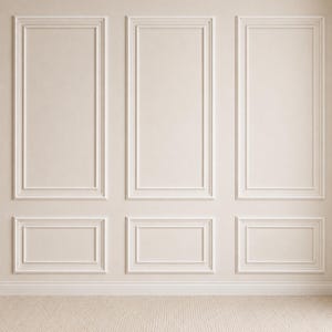K&ouml;nnte beinhalten: Eine Wand mit beigem Wandt&auml;felungselement, bestehend aus drei hohen rechteckigen Paneelen &uuml;ber drei kleineren rechteckigen Paneelen. Die Zierleisten sind einheitlich in Farbe und Design und bilden ein strukturiertes Gittermuster.