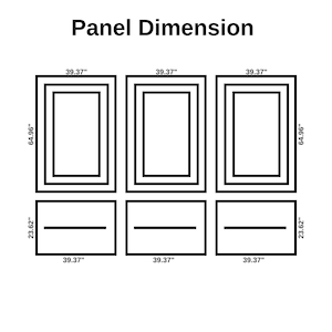 May include: A diagram showing the dimensions of a three-panel wall art set. Each panel is 39.37 inches wide and 64.96 inches tall. The panels are arranged in a horizontal row, with a space of 23.62 inches between each panel.
