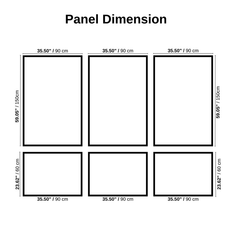 May include: A diagram titled Panel Dimension showing six rectangular frames. The top three measure 35.50 inches by 59.05 inches. The bottom three measure 35.50 inches by 23.62 inches. Each frame is outlined in black against a plain white background.