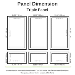 K&ouml;nnte beinhalten: Ein technisches Diagramm mit dem Titel Panel Dimension Triple Panel, das die Ma&szlig;e f&uuml;r drei vertikale und drei horizontale rechteckige Paneele zeigt. Die Ma&szlig;e sind in Zoll und Zentimetern angegeben, inklusive eines Hinweises, dass die inneren Paneele 20 cm kleiner als die &auml;u&szlig;eren sind und der Abstand 7 cm betr&auml;gt.
