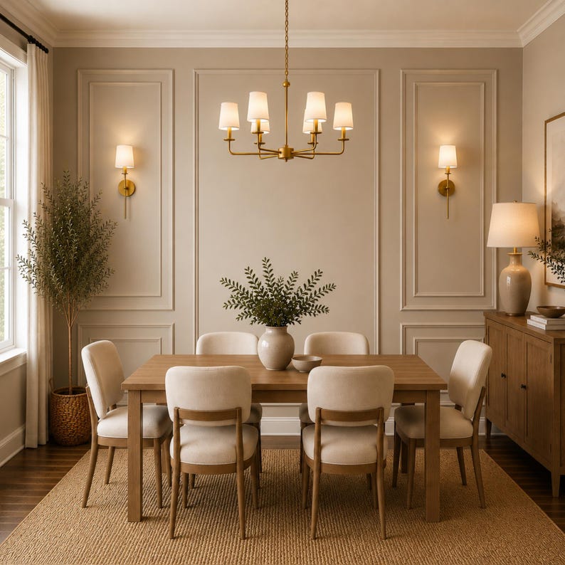 Puede incluir: Un comedor con una mesa rectangular de madera y seis sillas tapizadas en color crema, una l&aacute;mpara de ara&ntilde;a de lat&oacute;n con seis pantallas blancas, dos apliques de pared a juego, un jarr&oacute;n de cer&aacute;mica con vegetaci&oacute;n y un aparador de madera.