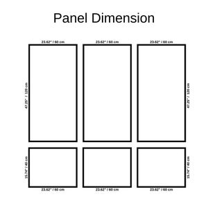 May include: Diagram showing the dimensions of a panel in inches and centimeters. The panel is divided into six equal sections, each measuring 23.62 inches by 47.25 inches or 60 cm by 120 cm.
