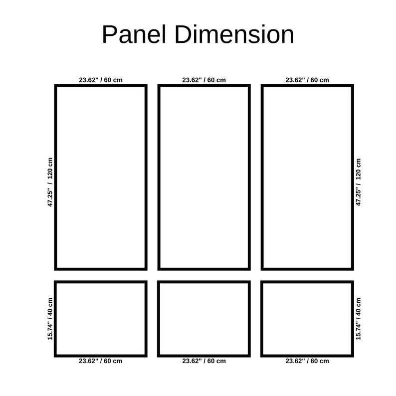 May include: Diagram showing the dimensions of a panel in inches and centimeters. The panel is divided into six equal sections, each measuring 23.62 inches by 47.25 inches or 60 cm by 120 cm.