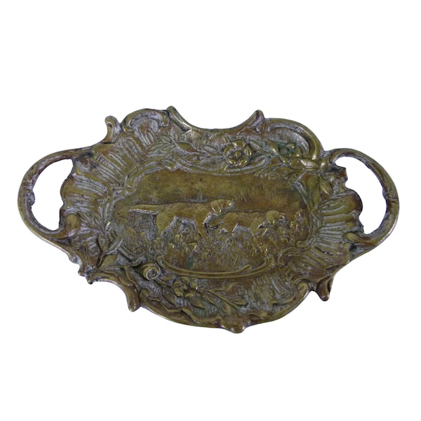 Vintage Brass Hunting Dog Tray | Ornate Handled Catchall | Setter Dog Relief | Sporting Dog Decor