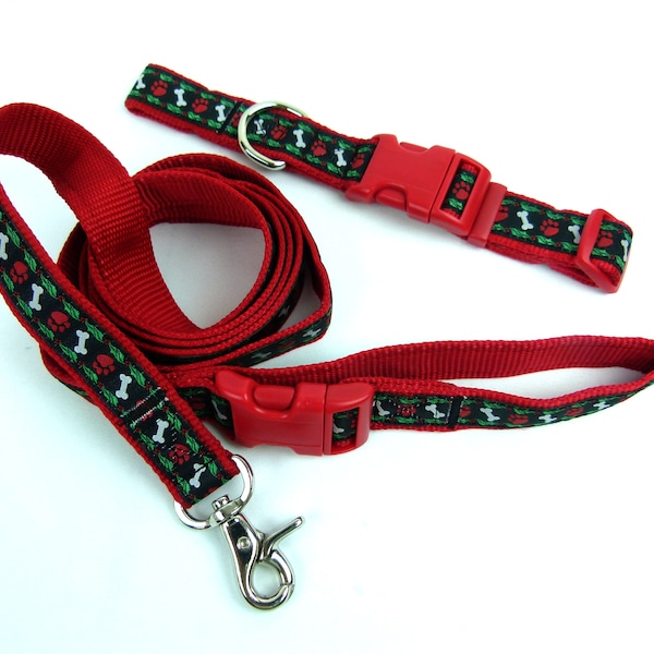 Douglas Paquette HOLLYWOOD Collars and Leashes | Red Webbing | Dog Bones Paw Print