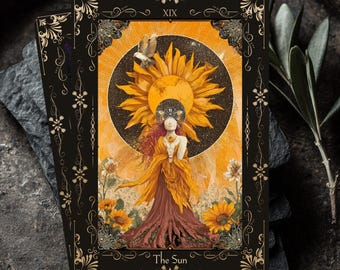 Baraja de Tarot Solandra: 78 cartas ilustradas con guía, diseño único, borde dorado opcional