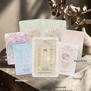 Può includere: Un mazzo di carte dei tarocchi con disegni celesti e geometrici. La carta centrale presenta il testo "THE HIGH PRIESTESS". Altre carte mostrano simboli astrologici, la parola "AQUARIUS" e le fasi lunari. La tavolozza dei colori include pastelli tenui e accenti dorati.