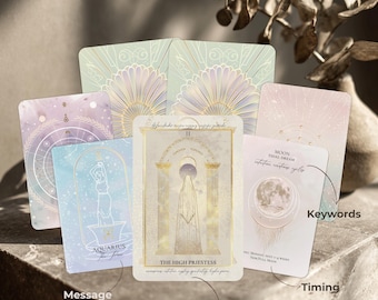 Può includere: Un mazzo di carte dei tarocchi con disegni celesti e geometrici. La carta centrale presenta il testo "THE HIGH PRIESTESS". Altre carte mostrano simboli astrologici, la parola "AQUARIUS" e le fasi lunari. La tavolozza dei colori include pastelli tenui e accenti dorati.