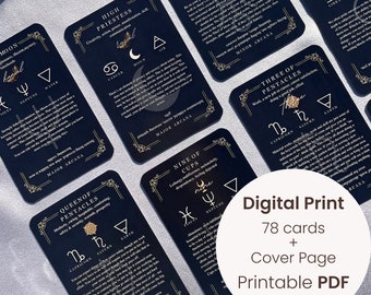 Printable Digital Beginner Tarot Deck Black, 78 Tarot Cards with meaning, Tarot Deck with keywords, training and learning tarot card deck