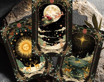 May include: Three tarot cards with detailed illustrations. The cards show The Sun, The Moon, and The Star, with images of a sun, Santa Claus in a sleigh, and a star. The cards have a dark background with decorative borders.