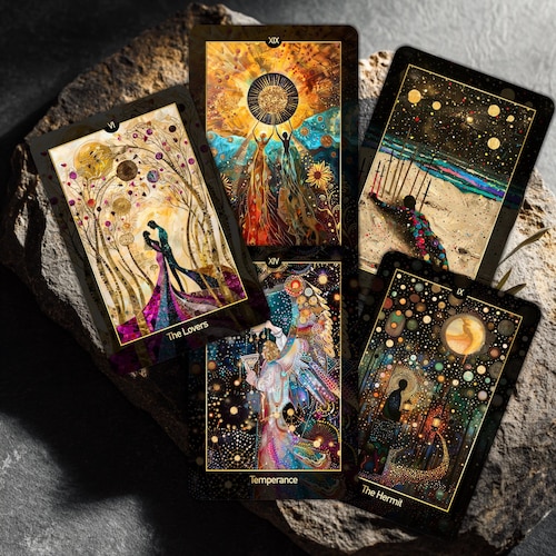 Baraja de Tarot Jardín Cósmico: 78 cartas ilustradas a mano con guía, bordes dorados opcionales.