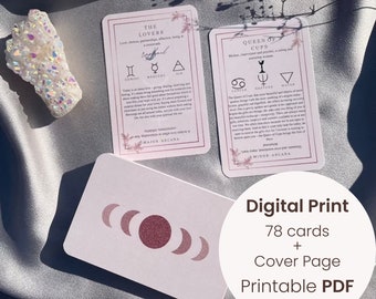Printable Digital Beginner Tarot Deck Pink, 78 Tarot Cards with meaning, Tarot Deck with keywords, training and learning tarot card deck