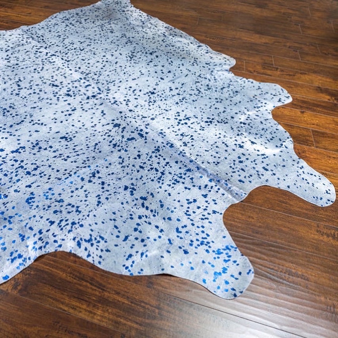 Saphire Blue Metallic Rug Acid Wash White Cowhide Hair on Genuine