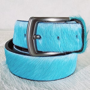 Sky Blue Turquoise Teal Cowhide Genuine Leather Fur Belt Silver Buckle