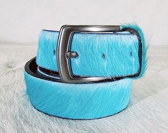 Sky Blue Turquoise Teal Cowhide Genuine Leather Fur Belt Silver Buckle