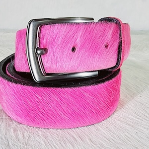 Pink Fuchsia Magenta Cowhide Genuine Leather Fur Belt Silver Buckle