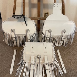 White Black Brown Blue Real Leather Fringe Concho Braided Motorcycle Saddlebags Matching Toolbag Personalized Custom Colors