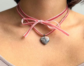 Red Picasso Jasper Heart Choker – Blush Velvet Ribbon, Adjustable Necklace