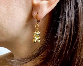 Teddy Bear Dangle Earrings: Hypoallergenic Stainless Steel, UK Handmade