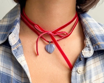 Blue Agate Heart Choker – Red Velvet Ribbon, Adjustable Necklace