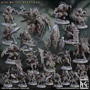 Könnte beinhalten: Ein Set mit 20 unbemalten Miniaturen für Tabletop-Spiele. Die Figuren sind aus grauem Kunststoff und zeigen eine Vielzahl von Bestien-Kriegern, darunter ein großer Bestienmann mit Hörnern und einem Schwert. Das Set enthält auch einen großen Kristall und eine Banner.