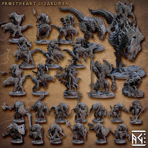May include: A set of 25 grey plastic miniature figurines of lizardmen warriors, riders, and a large lizardman with a skull helmet. The figures are posed in various fighting stances and are ready for tabletop gaming.