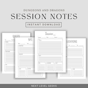 May include: Printable Dungeons and Dragons session notes template with sections for quests, NPCs, locations, and a session log. The template has a black and white design with a simple, modern aesthetic.