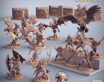 May include: A set of 3D printed miniatures for tabletop games, featuring a group of figures with bat wings and swords, a large owl-like creature, and a set of stone walls. The miniatures are printed in a light brown color and are ready to be painted. The text "The Bloodhunt COMPLETE" is visible at the top of the image.