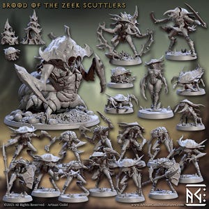 Pode incluir: Uma coleção de figuras em miniatura cinzentas, incluindo várias criaturas e estruturas insectoides. As figuras estão em poses dinâmicas, algumas segurando armas. O texto "BROOD OF THE ZEEK SCUTTLERS" está no topo. O logotipo da Artisan Guild está no canto inferior direito.