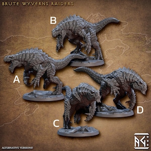 Könnte beinhalten: Vier graue Plastik-Miniaturfiguren von Wyvern-Raidern in verschiedenen Posen. Die Figuren sind mit A, B, C und D beschriftet. Der Text "BRUTE WYYVERNS RAIDERS" befindet sich oben im Bild. Der Text "ALTERNATIVE VERSIONS!" befindet sich unten im Bild.
