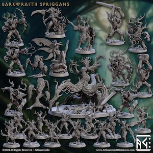 May include: A selection of grey miniature figurines of Barkwraith Spriggans. The figures depict various fantasy creatures, including humanoid figures with tree-like features, some holding weapons. The image includes the text "BARKWAITH SPRIGGANS" at the top.