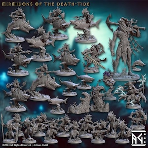 Könnte beinhalten: Ein Set mit 20 grauen Plastik-Miniaturfiguren, die eine Vielzahl von Fantasy-Kreaturen darstellen, darunter eine große Figur mit Bart und Haken sowie mehrere Figuren, die auf Haien reiten. Die Figuren sind vor einem blauen und grünen Hintergrund mit dem Text "Mirmidons of the Death-Tide" platziert.