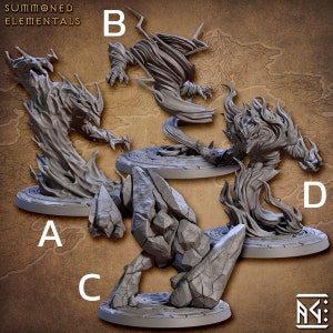 Könnte beinhalten: Vier Miniaturfiguren von Elementarwesen, beschriftet mit A, B, C und D. Die Figuren sind aus grauem Kunststoff und stellen ein Feuer-, ein Wind-, ein Erd- und ein Wasserelementar dar.