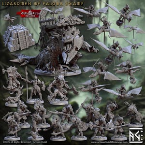 May include: A collection of miniature figurines depicting Lizardmen of Falgor Swamp. The set includes various poses of lizard-like creatures, some riding winged beasts, and a large, detailed monster. The color palette is primarily gray, with intricate detailing on each figure.