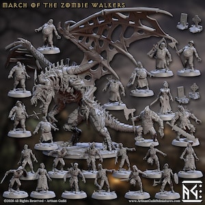 May include: A selection of grey miniature figures depicting zombies and a dragon, from "March of the Zombie Walkers." The figures are in various poses, some with weapons. The dragon has detailed wings. The Artisan Guild logo is visible.