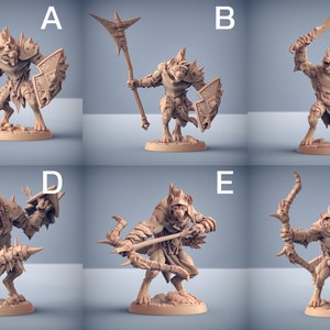 May include: A collection of six miniature fantasy figures, each depicting a humanoid creature with wolf-like features. The figures are in various action poses, wielding weapons such as a mace, spear, sword, and bow. Each figure is mounted on a small base.