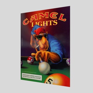 May include: Camel Lights advertisement featuring a cartoon camel wearing sunglasses and a backwards red cap, playing pool. The camel is holding a pool cue and has a cigarette in its mouth. The advertisement has the text "CAMEL LIGHTS" in red and yellow.