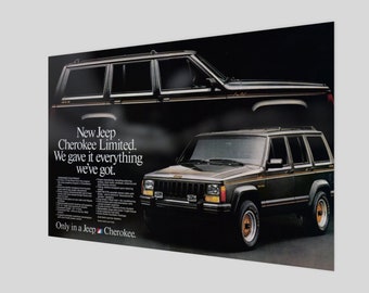 Retro 1987 Jeep Cherokee Limited Poster | Retro Magazine Ad Car Poster Vintage Man Cave Poster Automobile Art Car Enthusiast Gifts For Him
