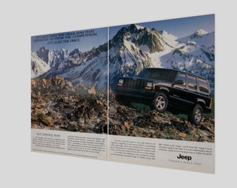 Vintage 1999 Jeep Cherokee Poster | Retro Magazine Ad Car Wall Art Car Poster Decor 1999 Jeep Cherokee Automobile Enthusiast Gifts For Him