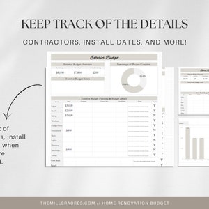 May include: A printable home renovation budget planner with sections for exterior and interior budgets, including a pie chart to track project completion percentage, a table to list budget details, and a bar graph to track expenses.