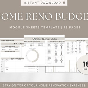 May include: A Google Sheets template for home renovation budgeting. The template includes 18 pages with sections for family room, bathroom, and individual room budgets. The image shows a sample page with a pie chart and a table.